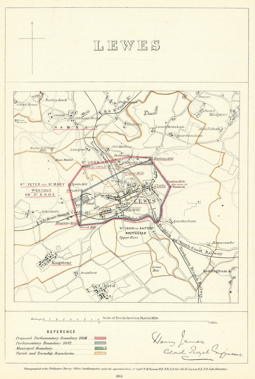 Lewes, Sussex. JAMES. Parliamentary Boundary Commission 1868 old antique map